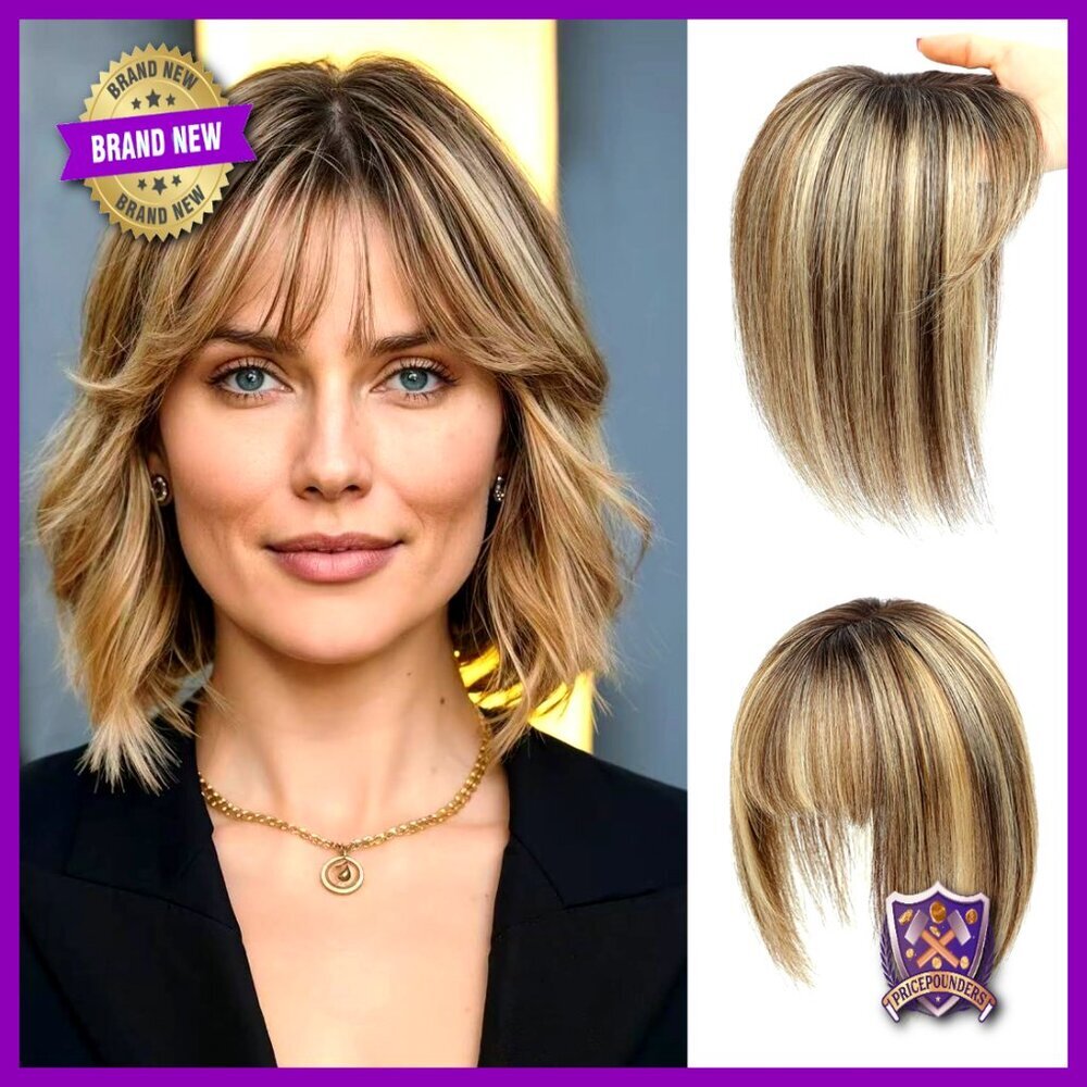 Human Hair Topper with Bangs Swiss Lace Base Hairpiece for Thinning Hair